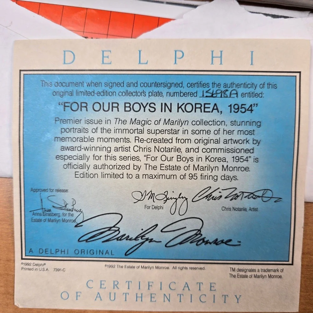 Marilyn Monroe Delphi #15698A For Our Boys in Korea, 1954 and Cert Collect Plate